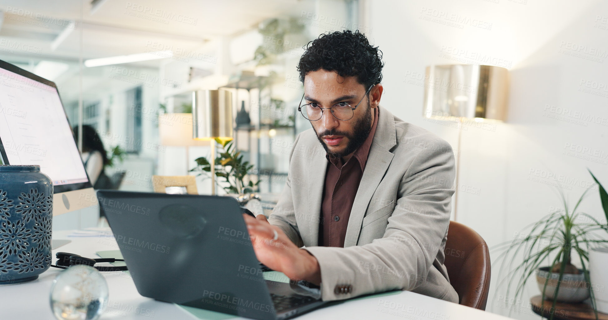 Buy stock photo Laptop, reading and business man in office for investment planning, financial analysis and online audit. Corporate, professional and person with computer for stock research, trading and website