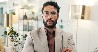 Buy stock photo Serious, glasses and portrait of businessman in office with confidence for wealth management career. Pride, crossed arms and face of male financial manager from Brazil in workplace with spectacles.