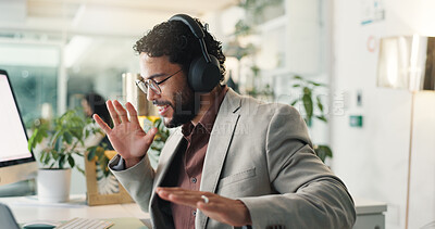Buy stock photo Business, energy and man with headphones, celebration and achievement with bonus. Person, employee and consultant with promotion, smile and headset for song, listening to music and email for approval