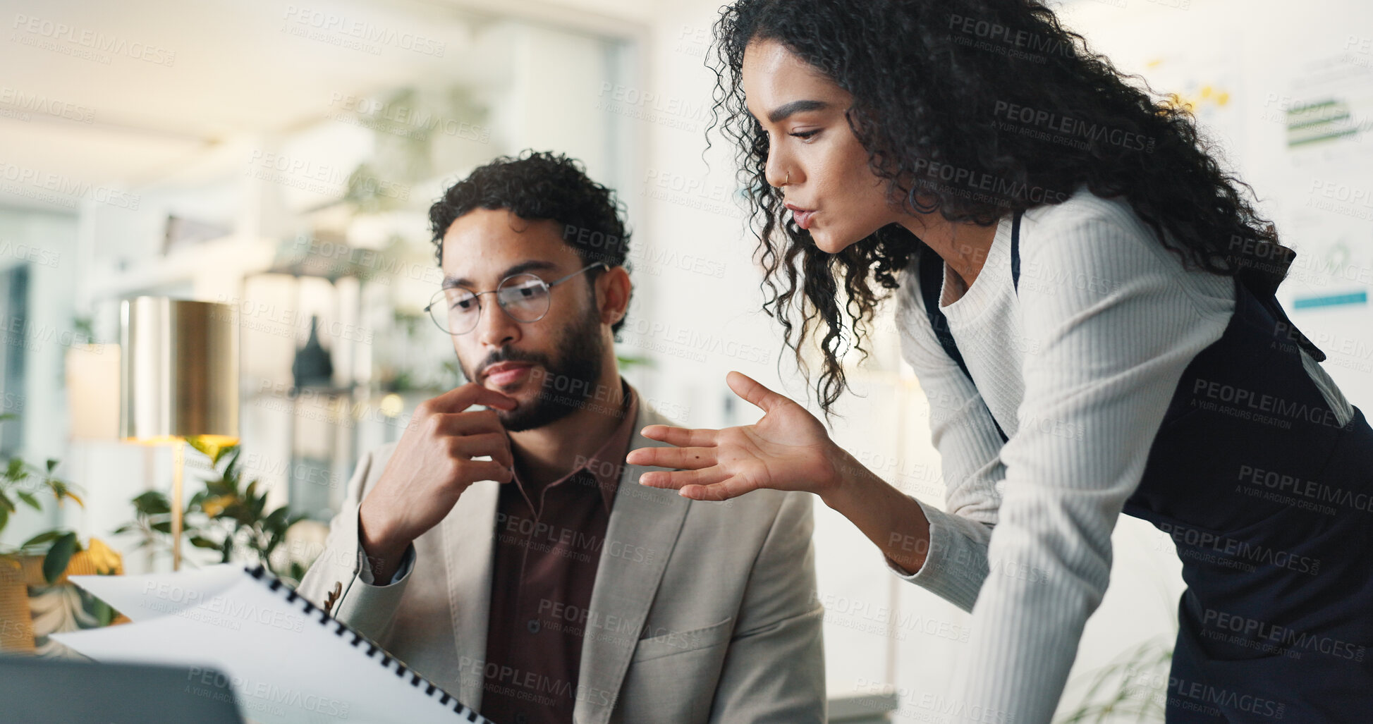 Buy stock photo Teamwork, documents and business people in office, advice and feedback to edit proposal. Employees, coworking and mentor with journalist, paperwork or creative agency with help, cooperation or review
