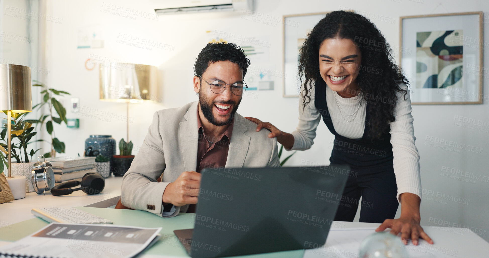 Buy stock photo Happy, business people and good news with laptop for winning, teamwork or success at office. Businessman, woman or creative employees with smile on computer for project deadline or done at workplace