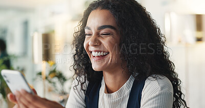 Buy stock photo Phone, laughing and business woman in office for online message, funny chat and internet meme. Professional, creative worker and person on smartphone for social media, comic post and communication