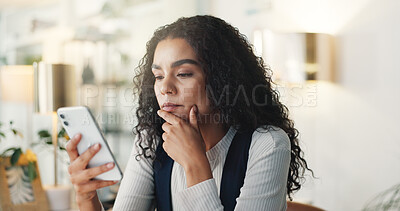 Buy stock photo Phone, reading and business woman in office for online news, email networking and research. Professional, creative worker and person on smartphone for social media, internet and communication at desk