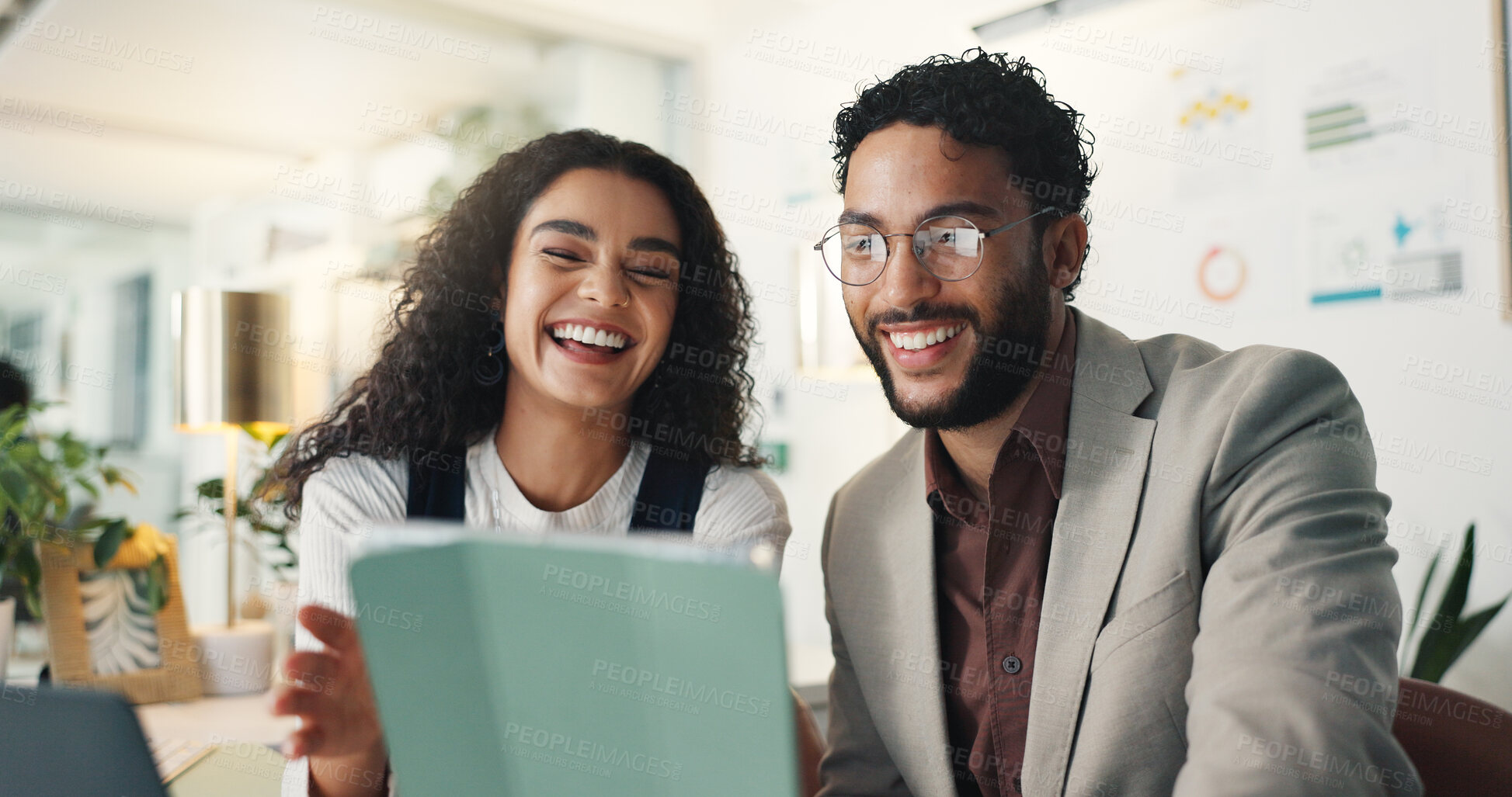 Buy stock photo Happy, business people and laughing with tablet for entertainment, social media or creative design at office. Businessman, woman or colleagues with smile on technology for funny app or discussion