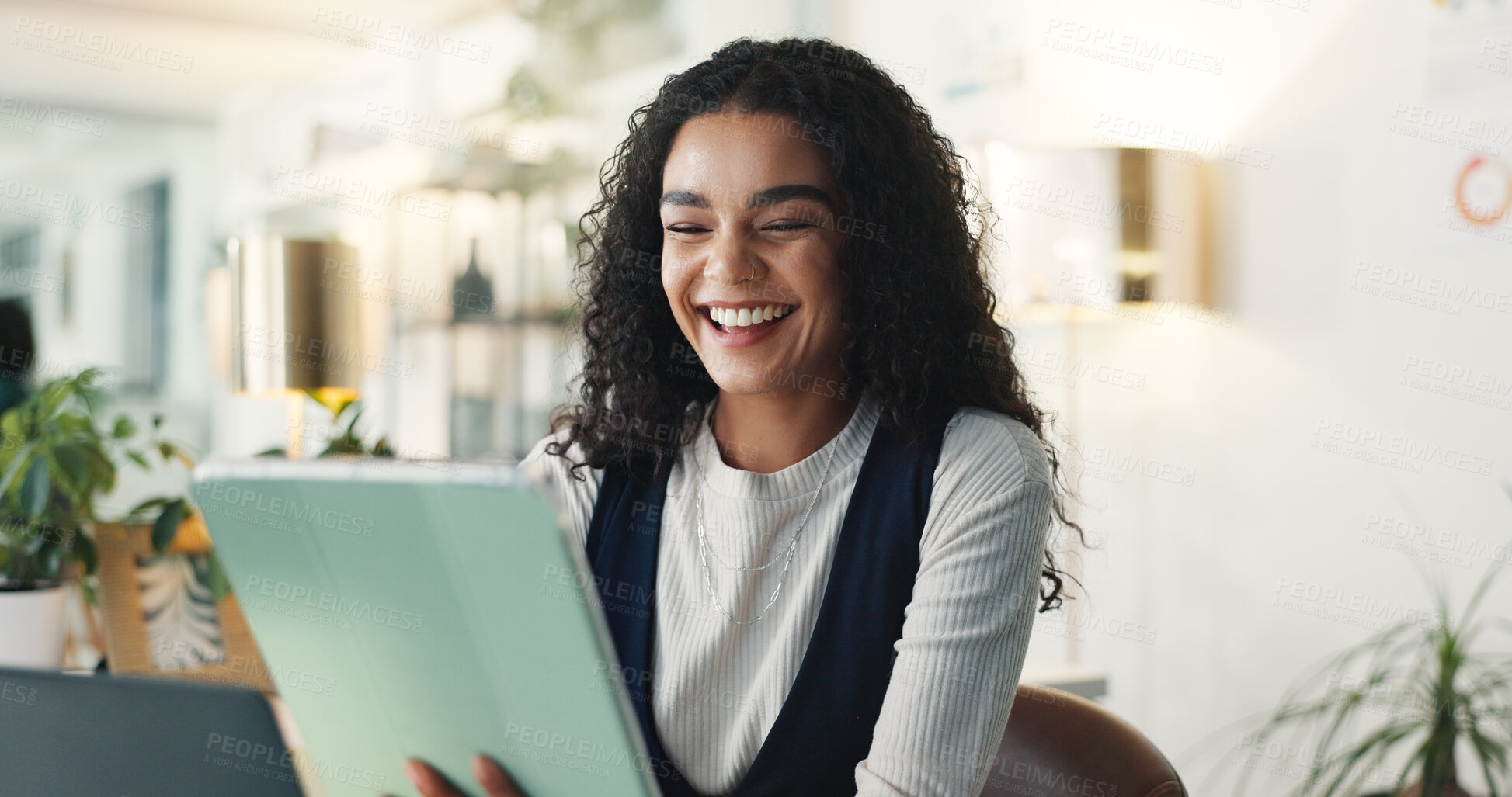 Buy stock photo Happy woman, web designer or tablet with project for research, UI or UX development at office. Female person, employee or creative with smile on technology for new app design or progress at workplace