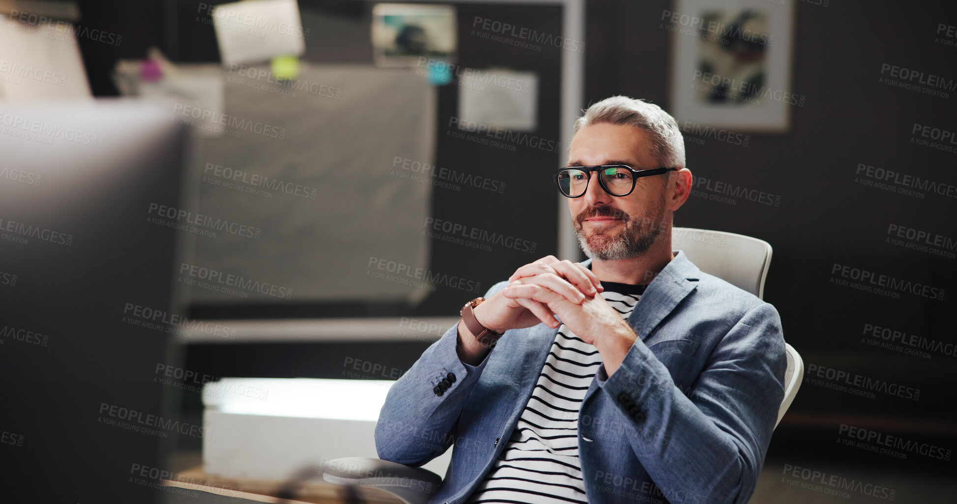 Buy stock photo Creative, man and thinking of solution by computer for web project ideas, design planning and decision. Mature graphic designer, overtime and night with online inspiration and reading email proposal
