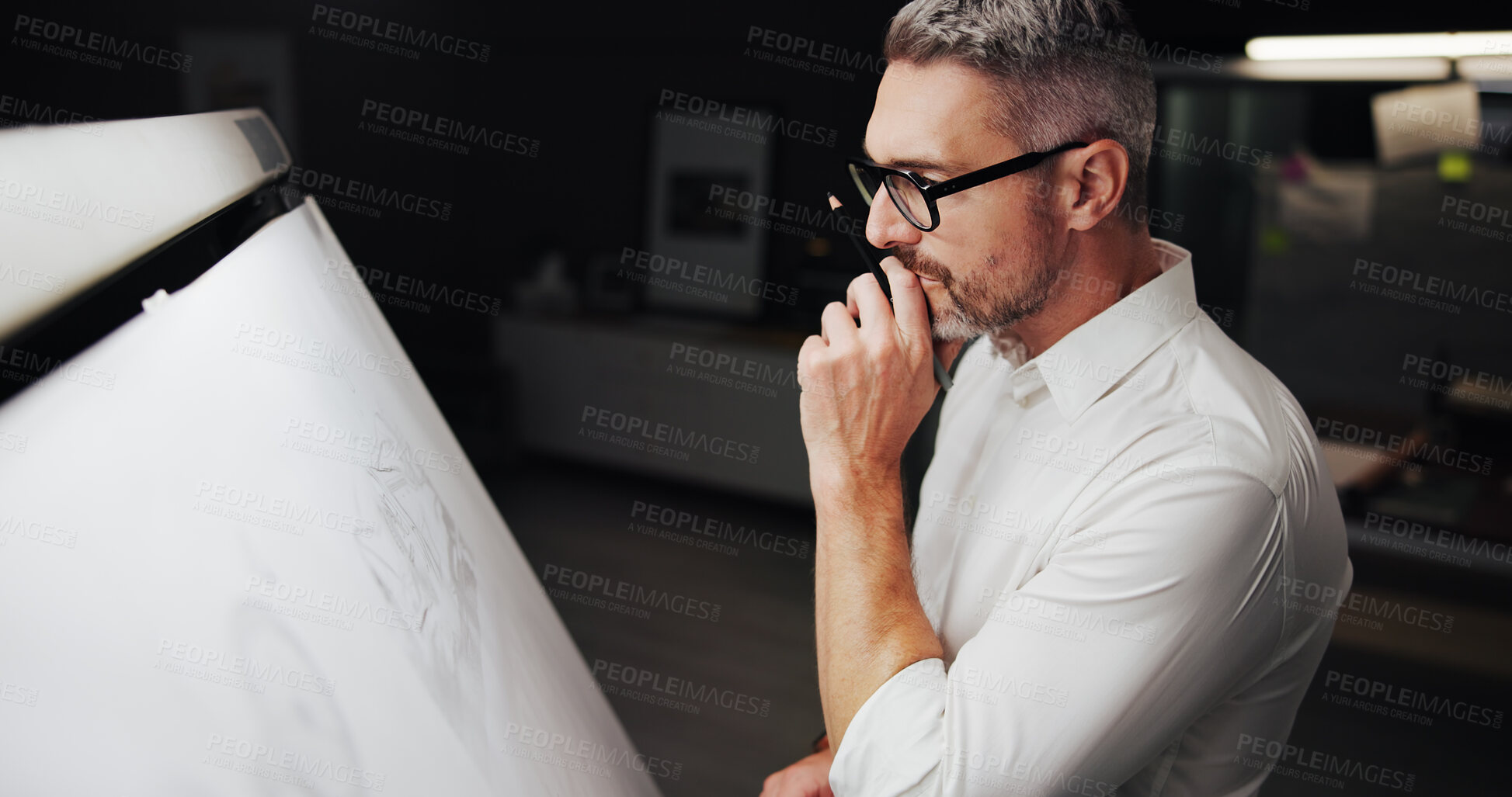 Buy stock photo Drawing, engineer or man with paper thinking for design, property development or building. Creative designer, architecture or deadline with blueprint, floorplan or illustration for structure at night