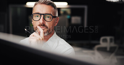 Buy stock photo Office, mature businessman and architect with thinking for drawing board, creative solution and idea. Night, male person and designer with pencil for sketch, planning and problem solving with review