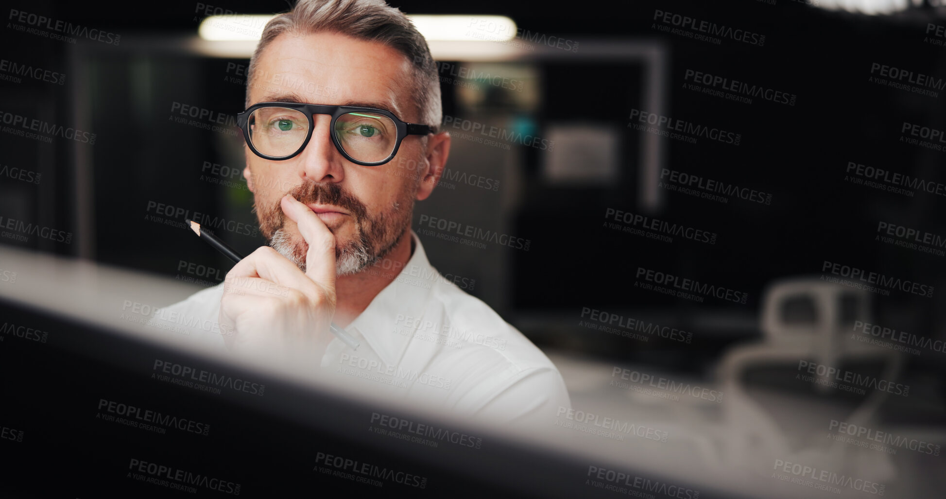 Buy stock photo Office, mature businessman and architect with thinking for drawing board, creative solution and idea. Night, male person and designer with pencil for sketch, planning and problem solving with review
