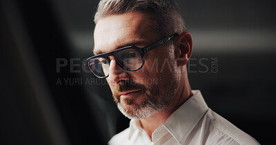 Buy stock photo Office, mature and business man with thinking for professional career, planning and glasses for vision. Workplace, male person and architect with spectacles for working, solution and deadline