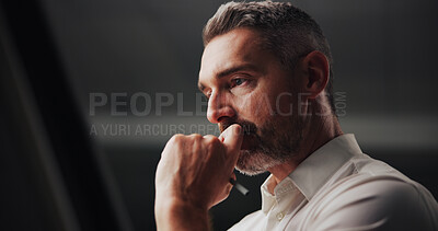 Buy stock photo Thinking, mature and businessman in office for ideas, planning and professional with pencil. Thoughts, male person and designer with drawing career for solution, contemplation and startup deadline