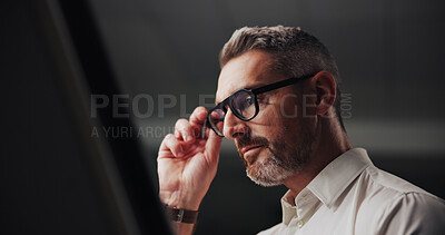 Buy stock photo Glasses, mature and businessman in office for ideas, planning and professional with thinking. Thoughts, male person and designer with creative career for solution, contemplation and startup deadline