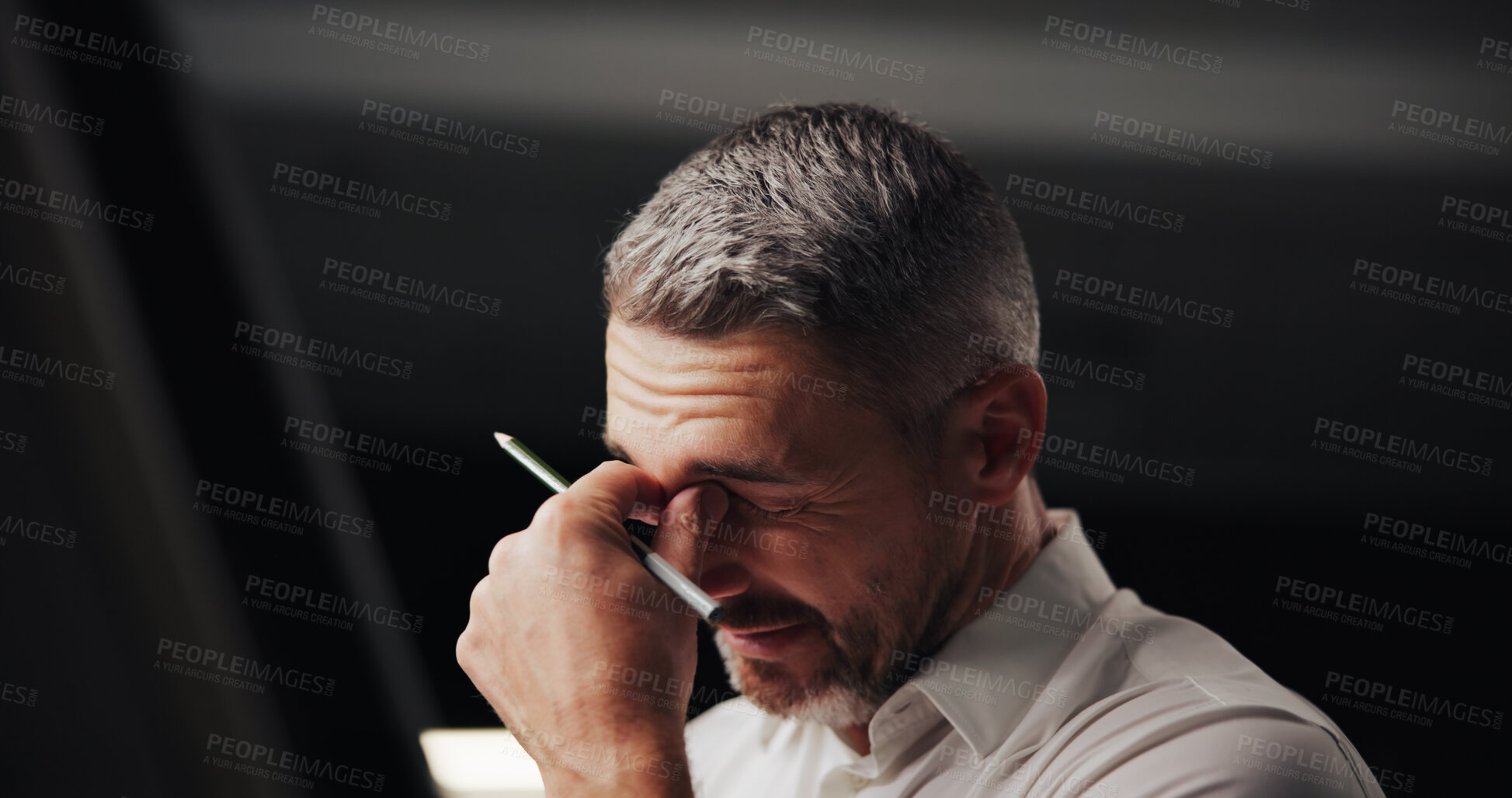 Buy stock photo Deadline, headache or stress and business man in office at night with brain fog or burnout. Bankruptcy, debt and eye strain with frustrated employee in professional workplace for compliance or tax