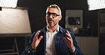 Mature man, portrait and studio interview with talk for architecture, design or development process. Male person, civil engineer or building designer in POV for helpful tips, recording or podcast