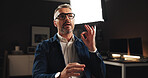Mature man, discussion or interview with talk for online tutorial or development process. Male person, influencer or presentation with recording or documentary for helpful tips, night lesson or guide