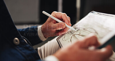 Buy stock photo Person, hands and designer with tablet screen or drawing for car prototype or modeling at office. Closeup, mechnical engineer or digital sketch with technology for 2D vehicle, blueprint or project