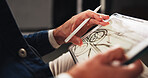 Person, hands and designer with tablet screen or sketch for car prototype or modeling at office. Closeup, mechnical engineer or digital drawing with technology for 2D vehicle, blueprint or project