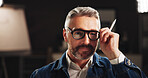 Mature man, portrait and night with glasses for creative production or development in art studio. Male person, artist or professional graphic designer working late in POV for digital content creation