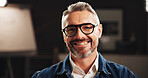 Mature man, portrait and night with artist for creative production or development in art studio. Male person professional or graphic designer working late with smile in POV for project or design
