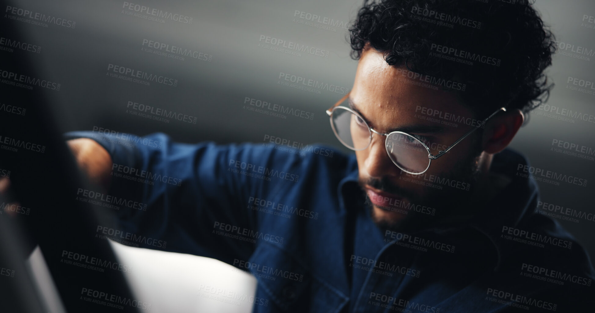 Buy stock photo Artist, designer or man with project for drawing, sketching or editing picture with skills in office overtime. Deadline, night or illustrator with illustration, industrial craft or creative process