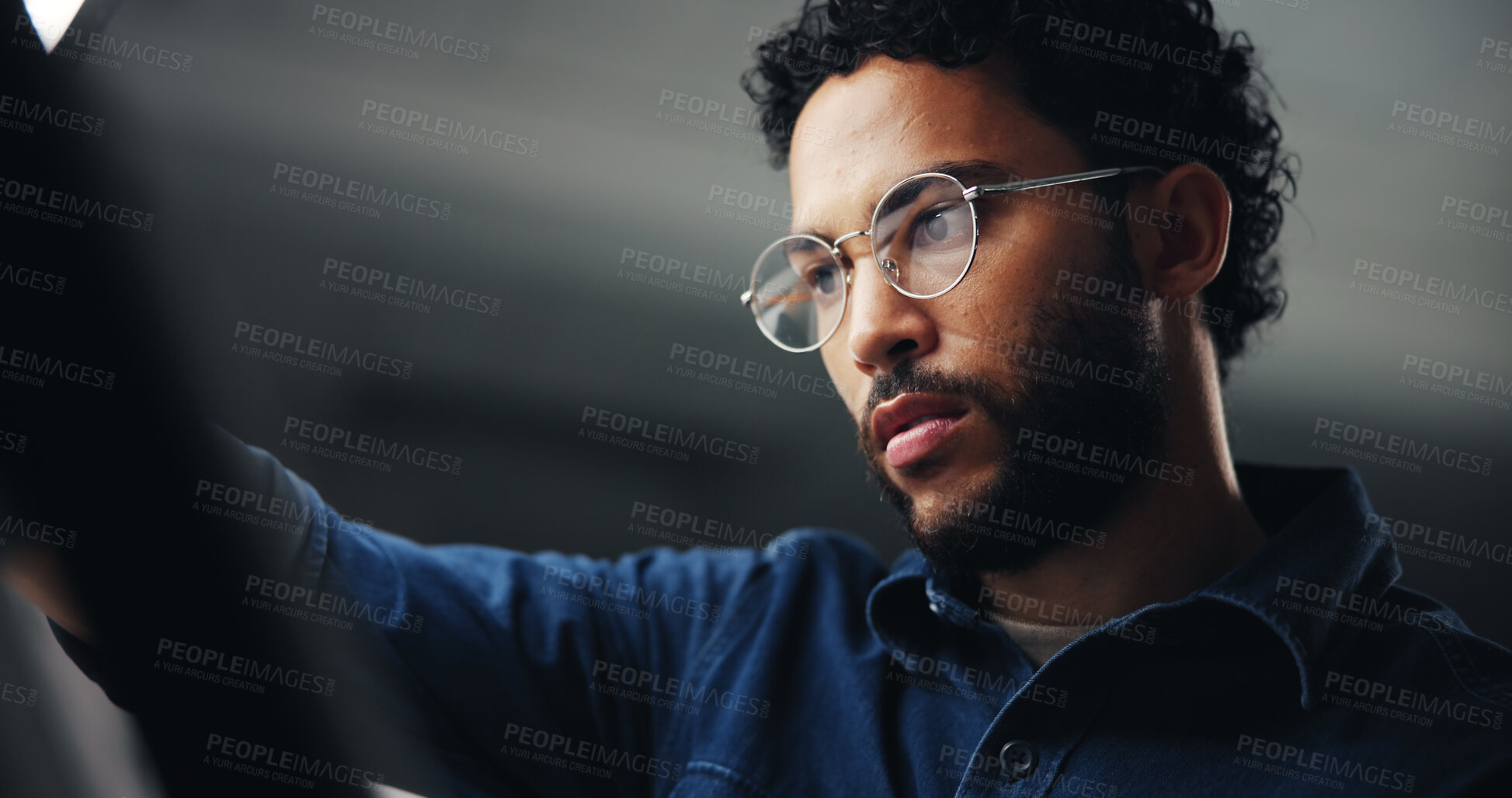 Buy stock photo Artist, designer or man with craft for drawing, sketching or editing picture with skills in office overtime. Deadline, night or illustrator with illustration, industrial draft or creative process 
