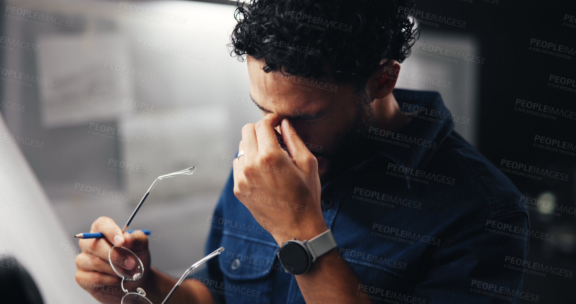 Buy stock photo Frustrated, businessman or night with glasses for eye strain, pressure or overworked at office. Man, architect or civil engineer working late with headache or pain for wrong lens, frame or bad vision