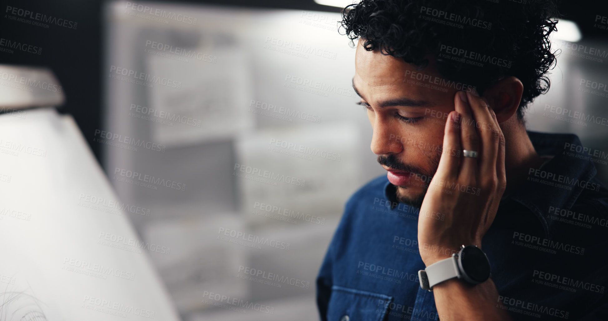 Buy stock photo Frustrated, businessman or night with headache for stress, pressure or overworked at office. Man, architect or civil engineer working late with pain, migraine or project deadline for building design