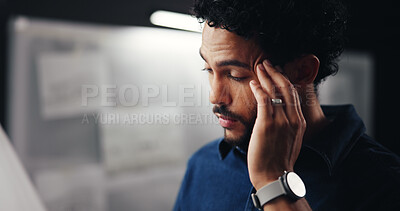 Buy stock photo Frustrated, businessman or night with headache for pressure, stress or overworked at office. Man, architect or civil engineer working late with pain, migraine or project deadline for building design