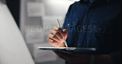 Buy stock photo Tablet, stylus and hand of man in studio for animation development with creative project. Digital technology, sketching and male concept artist drawing for character design with virtual art website.