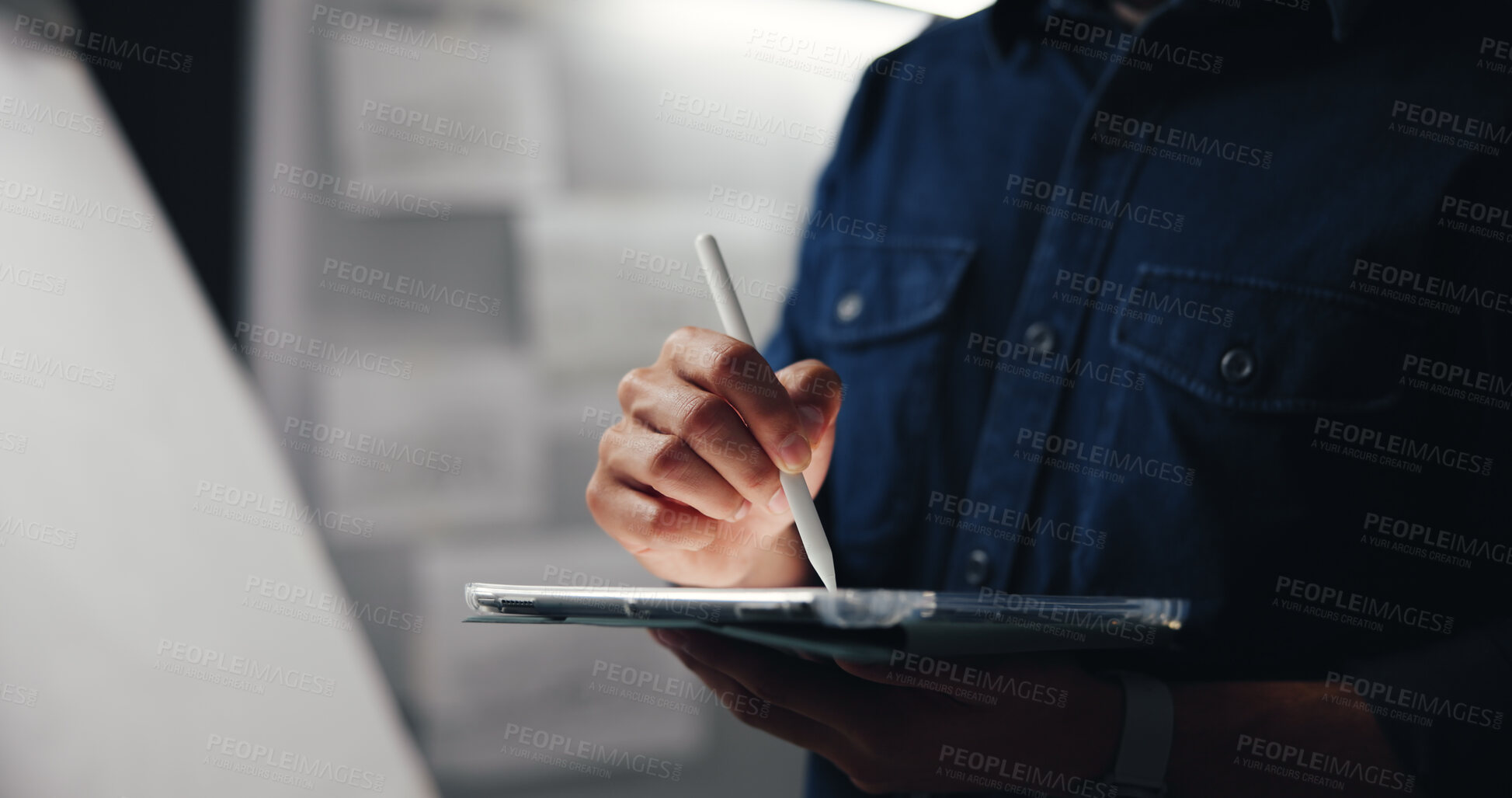 Buy stock photo Tablet, stylus and hand of man in studio for animation development with creative project. Digital technology, sketching and male concept artist drawing for character design with virtual art website.
