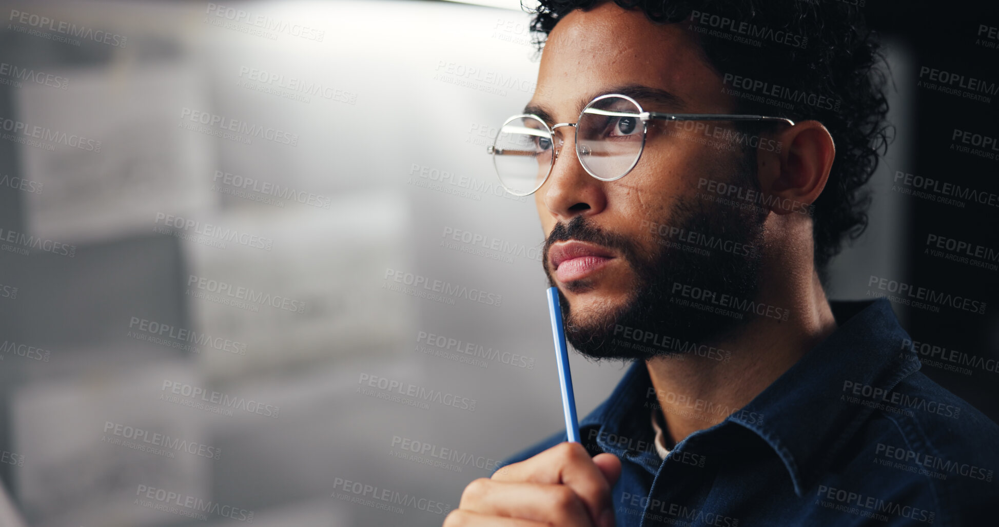 Buy stock photo Creative, artist and thinking of drawing in studio for sketch ideas, illustration deadline and draft inspiration. Man, night and thoughtful illustrator for visual design, editing decision and space