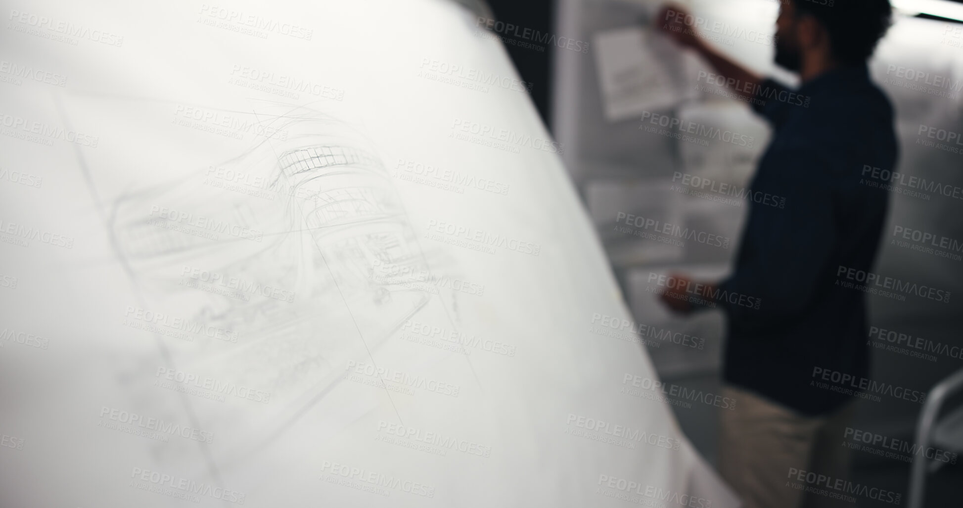 Buy stock photo Man, blueprint or night with construction design or drawing for building plan, document or architecture. Male person, architect or civil engineer working late with paper, sketch or draft for project 