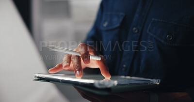 Buy stock photo Tablet, pen and hand of man in studio for animation illustration with creative project. Digital technology, sketching and male concept artist drawing for character design with virtual art website.