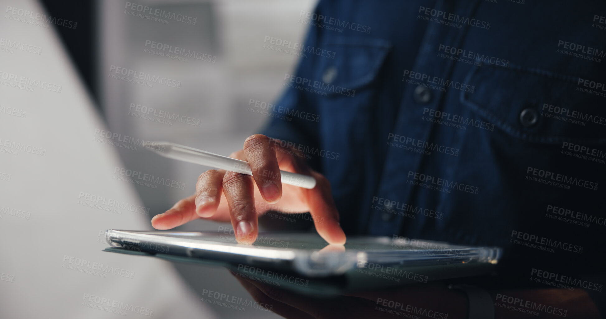 Buy stock photo Tablet, pen and hand of man in studio for animation illustration with creative project. Digital technology, sketching and male concept artist drawing for character design with virtual art website.