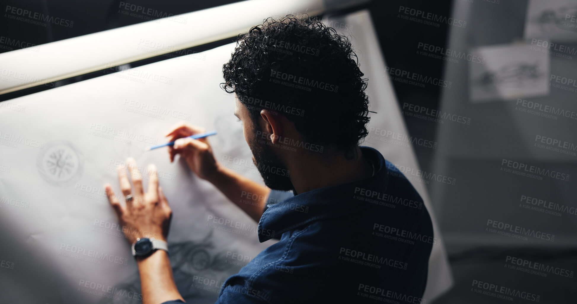 Buy stock photo Architect, blueprint or night with construction design or drawing for building plan, document or architecture. Male person, civil engineer or working late with paperwork, sketch or draft for project