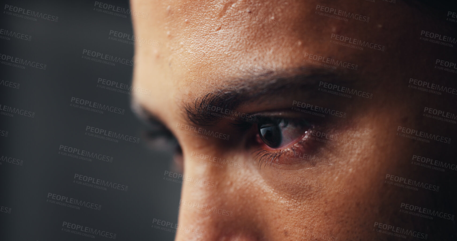Buy stock photo Eyes, man and serious with vision for anger, emotion or stress closeup. Determination, stare and sweat with intense person in studio for reaction to bad or upsetting news of mistake or regret