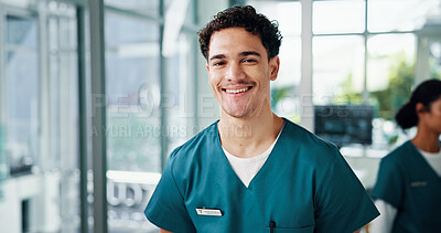Buy stock photo Healthcare, nurse and man in portrait with smile, about us and professional career for worker. Hospital, male person and surgeon with confidence for medical internship, assistance and happy in clinic
