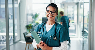Buy stock photo Nurse, woman and portrait with tablet in clinic for telehealth, online medical records or healthcare service. Medicine, doctor and smile with digital app for hospital schedule and health information
