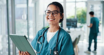 Buy stock photo Nurse, woman and portrait with tablet in hospital for telehealth, online medical records or healthcare report. Medicine, doctor and happy with digital app for clinic schedule and health information