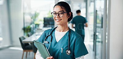Buy stock photo Nurse, woman and smile with tablet in hospital for medical service, telehealth and online healthcare report. Medicine, doctor and portrait with digital app for clinic schedule and health information