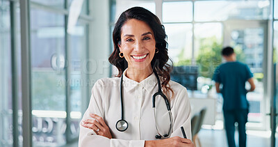 Buy stock photo Healthcare, doctor and woman in portrait with arms crossed, about us or professional career with smile. Hospital, mature cardiologist and leadership with confidence for medical help, service or pride