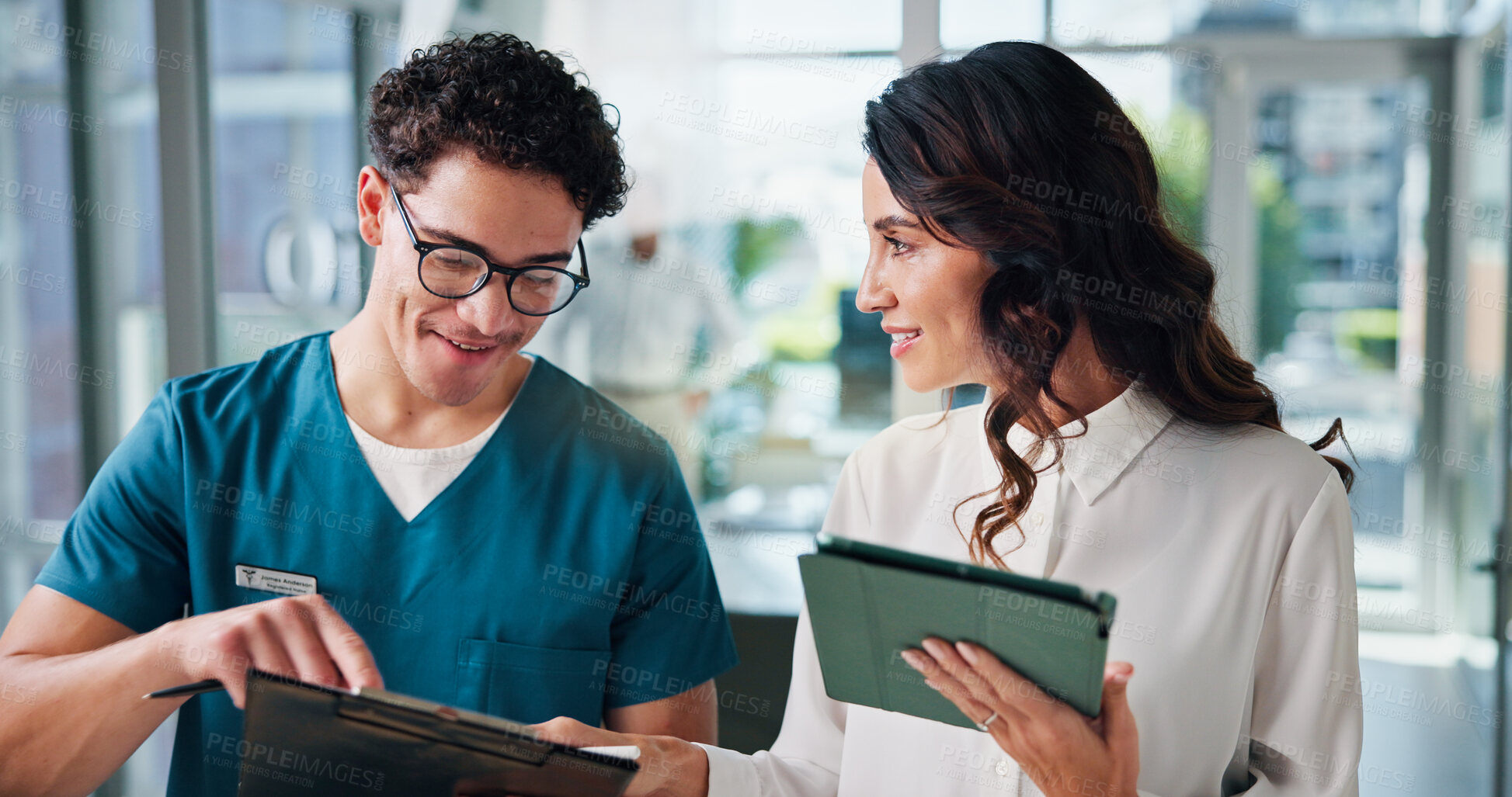 Buy stock photo Doctors, clipboard and people in hospital, tablet and teamwork with email, schedule and smile. Healthcare, documents and medical with professional, wellness or tech with diagnosis report and talking