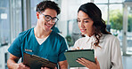Doctors, coworking and people in clinic, tablet and connection with email for research funding. Employees, diagnosis and medical with professional, healthcare or tech with smile and analyzing results