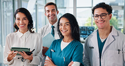 Buy stock photo Happy people, portrait and doctor with group in confidence for health development or assistance at hospital. Pride, team or medical employees with smile or tablet for healthcare help or clinic advice