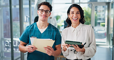 Buy stock photo Doctors, portrait and people in hospital, tablet and documents with cooperation. Employees, smile and medical with professional, healthcare or tech with app for schedule, confidence and diagnosis