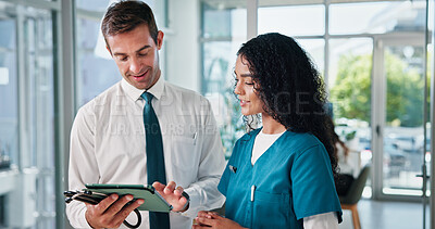 Buy stock photo Doctors, healthcare and smile in hospital, tablet and collaboration with results for cancer treatment. Feedback, teamwork and medical with professional, people and digital app for diagnosis and help