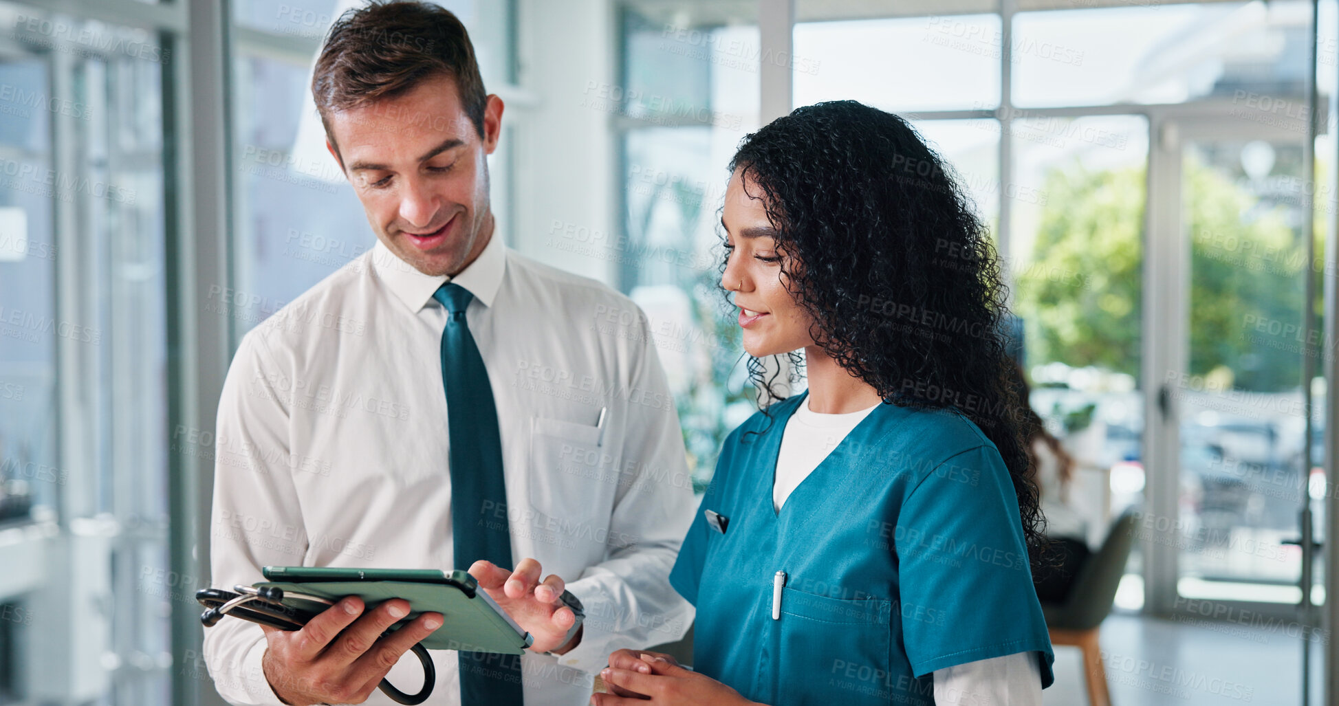 Buy stock photo Doctors, healthcare and smile in hospital, tablet and collaboration with results for cancer treatment. Feedback, teamwork and medical with professional, people and digital app for diagnosis and help