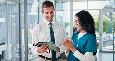 Buy stock photo Doctors, smile and people in hospital, tablet and celebration with email for research funding. Employees, coworking and medical with professional, healthcare or tech with results for cancer treatment