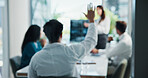 Doctor, meeting and hands raised with presentation for question, answer or interaction in boardroom. People, medical workers or healthcare employees in meeting with engagement for ideas at hospital