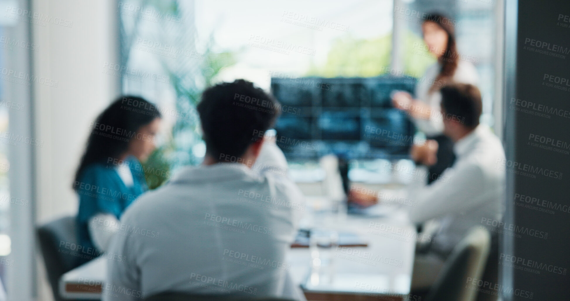 Buy stock photo Doctor, meeting or discussion with presentation for collaboration or sharing ideas in boardroom. People, medical workers or healthcare employees with screen or team for question at hospital or clinic